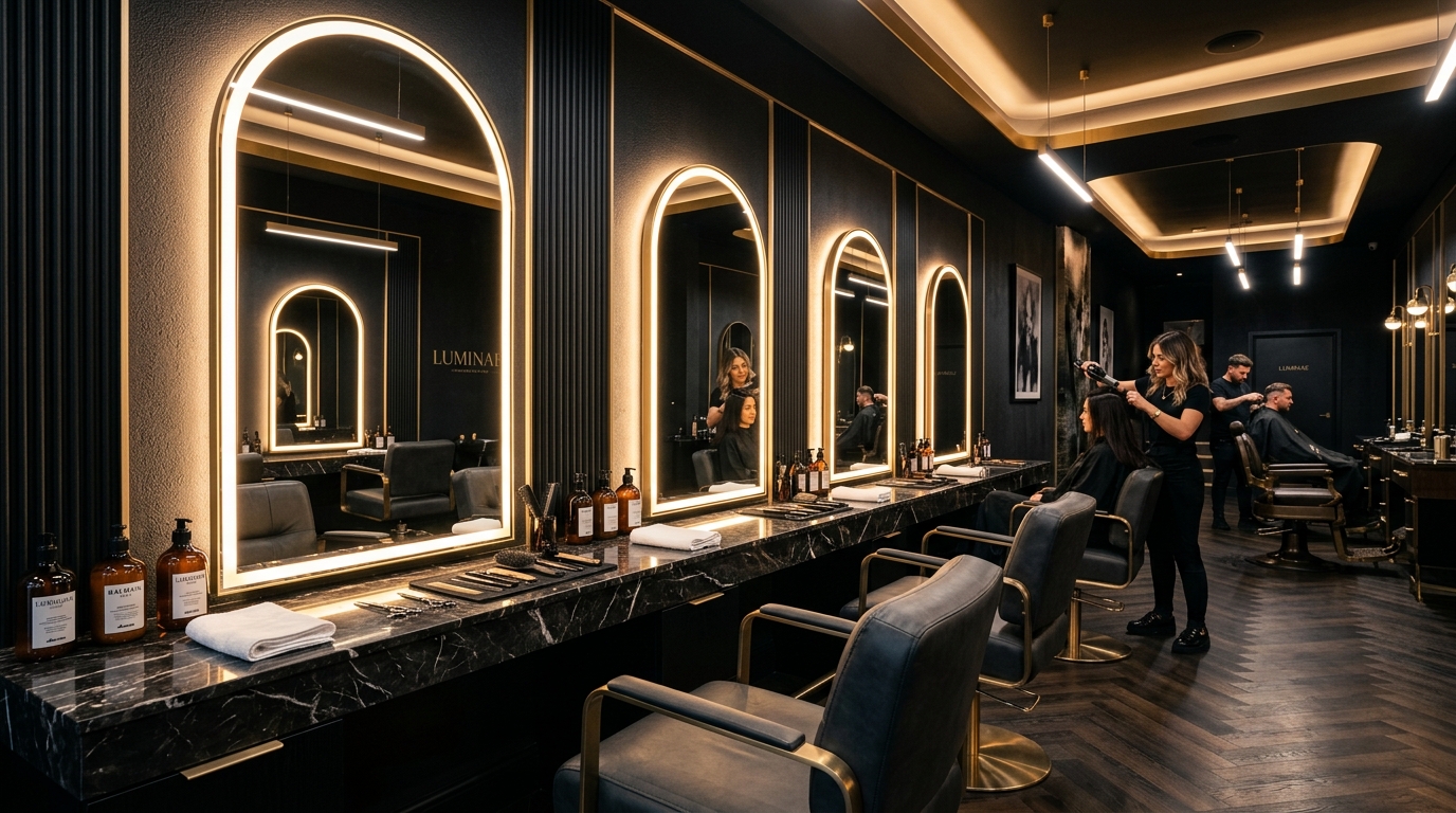 Snip De Salon modern unisex styling interior with warm ambient illumination and sleek styling stations