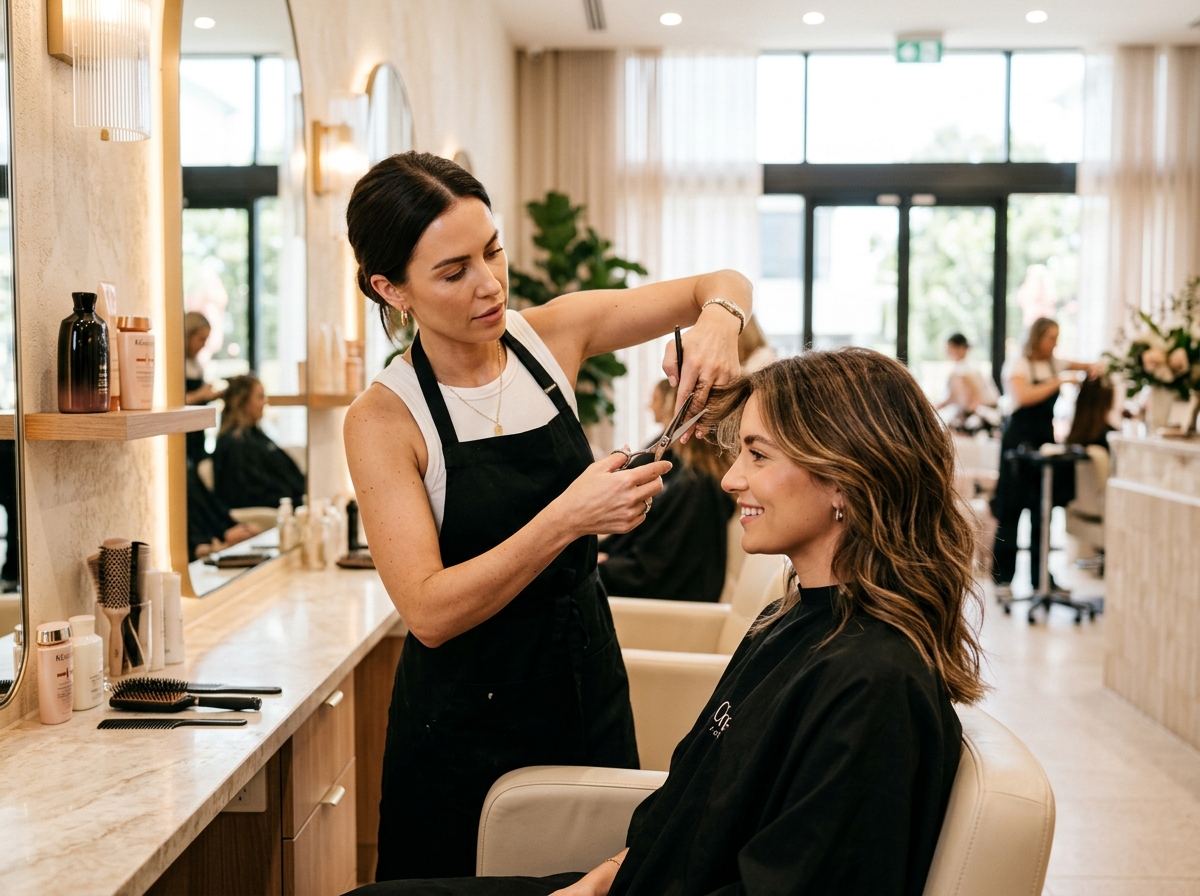 Expert hair stylist precision cutting hair layers