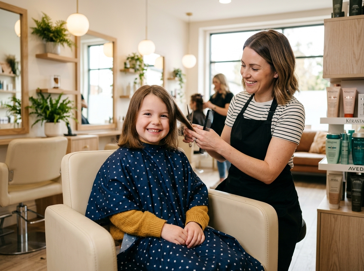 Smiling happy child receiving gentle patient salon haircut