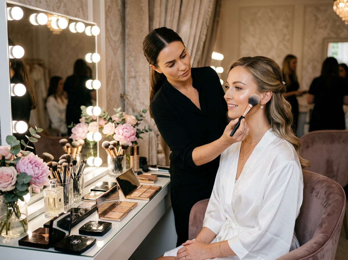 Makeup artist applying luxury glam beauty cosmetics with illuminated vanity
