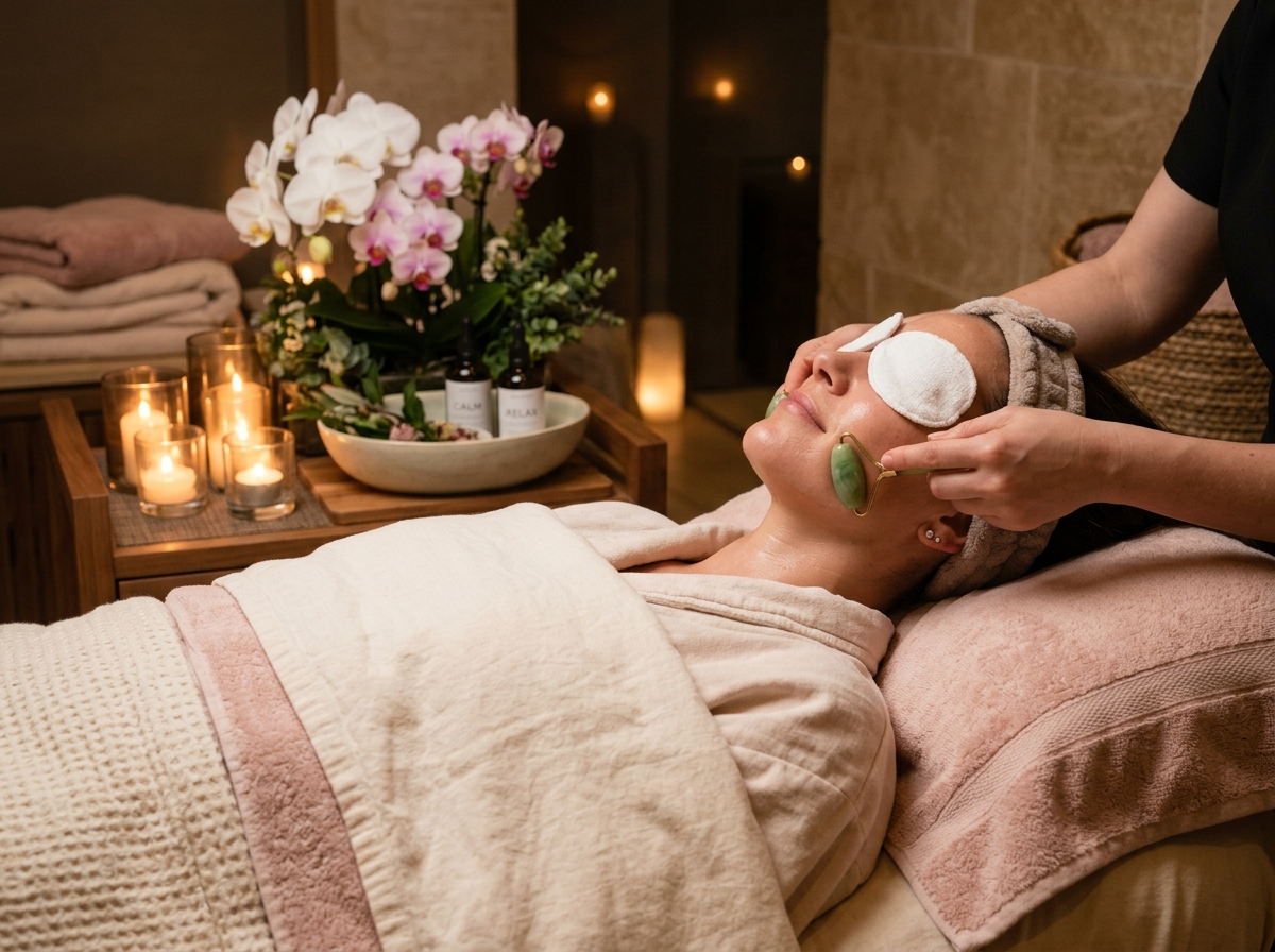 Tranquil facial spa massage treatment with jade roller and candlelight