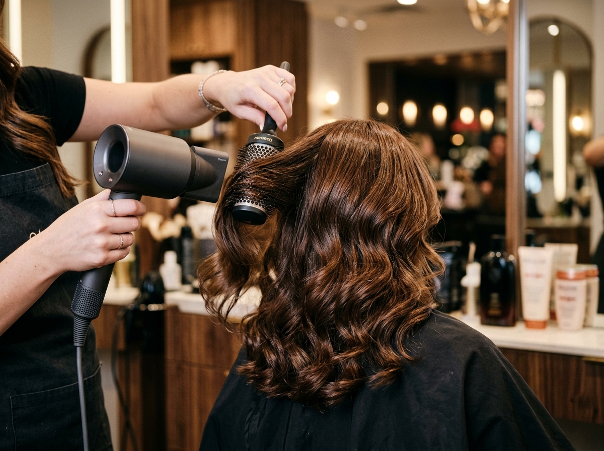 Stylist blow drying and styling bouncy voluminous curls