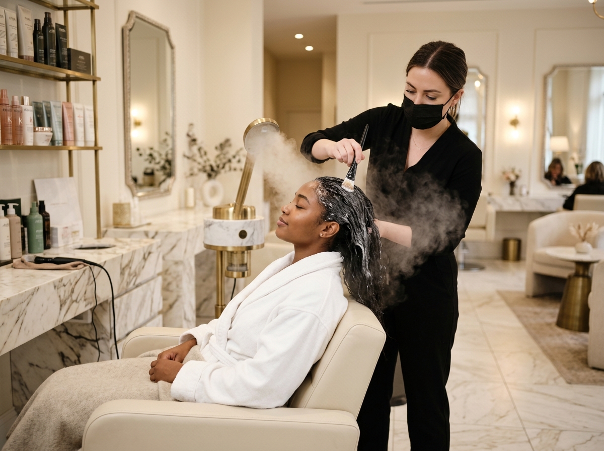 Client enjoying relaxing hair spa deep hydration mist treatment