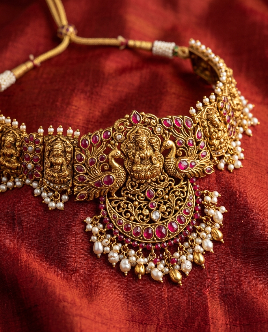 Close-up crop of traditional Hyderabadi gold choker craftsmanship with intricate filigree
