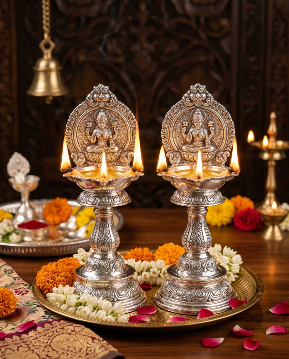 Silver ceremonial lamp and vessel