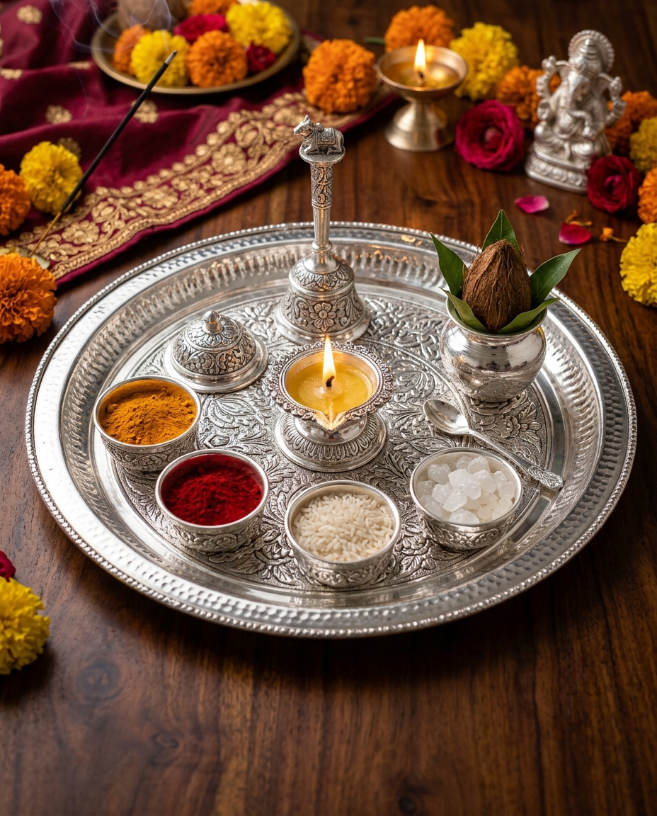 Handcrafted silver utensils and pooja thali articles